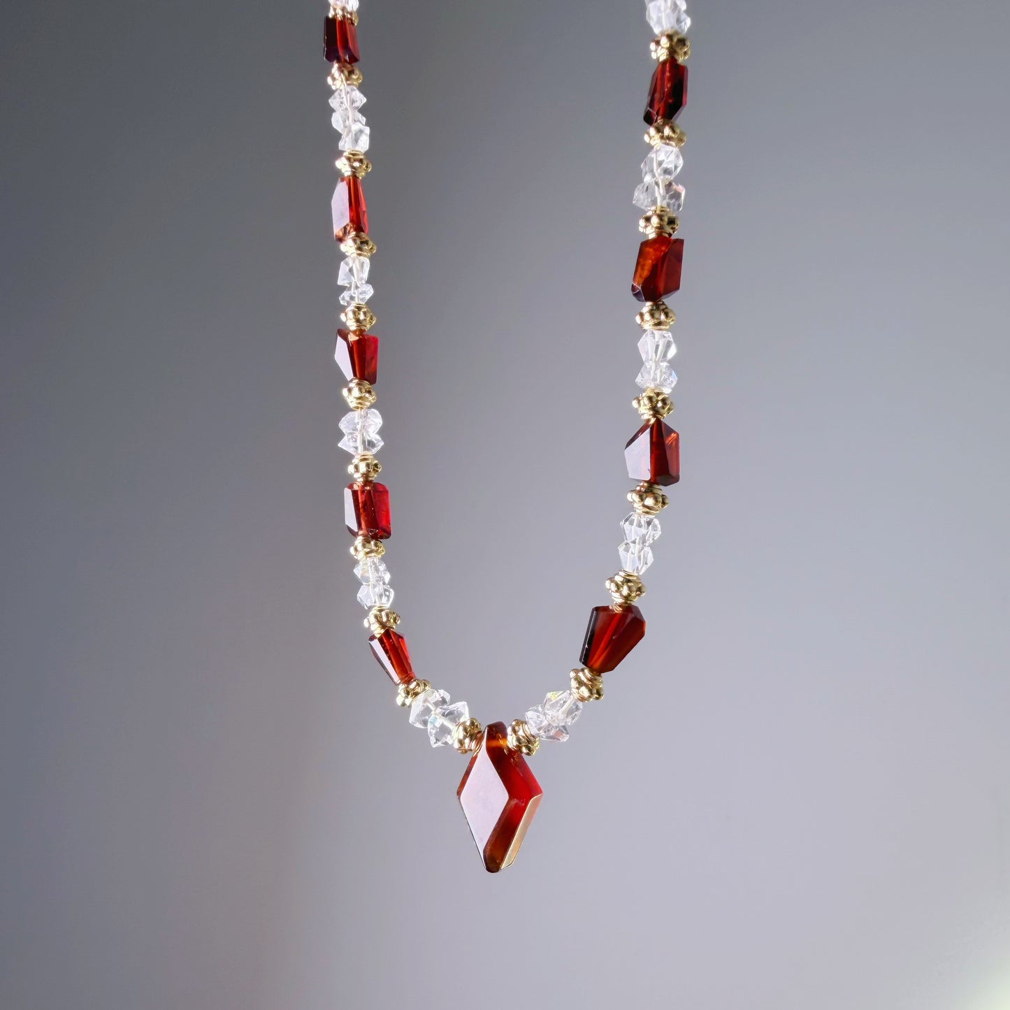 Handmade Garnet Faceted Gemstone and Herkimer Diamond Beads Necklace