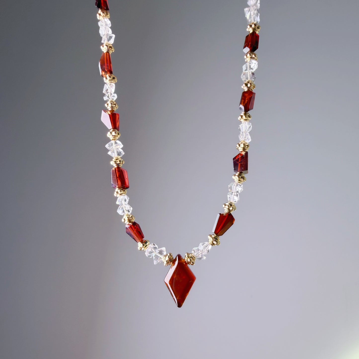 Handmade Garnet Faceted Gemstone and Herkimer Diamond Beads Necklace