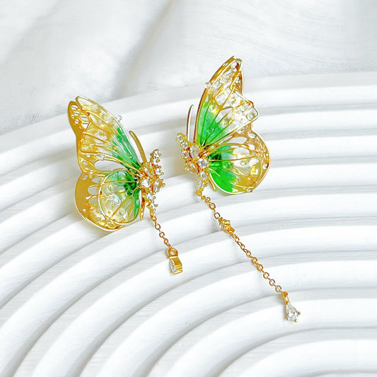 Handmade Yellow Green Butterflies with Drops Earrings-Ninaouity