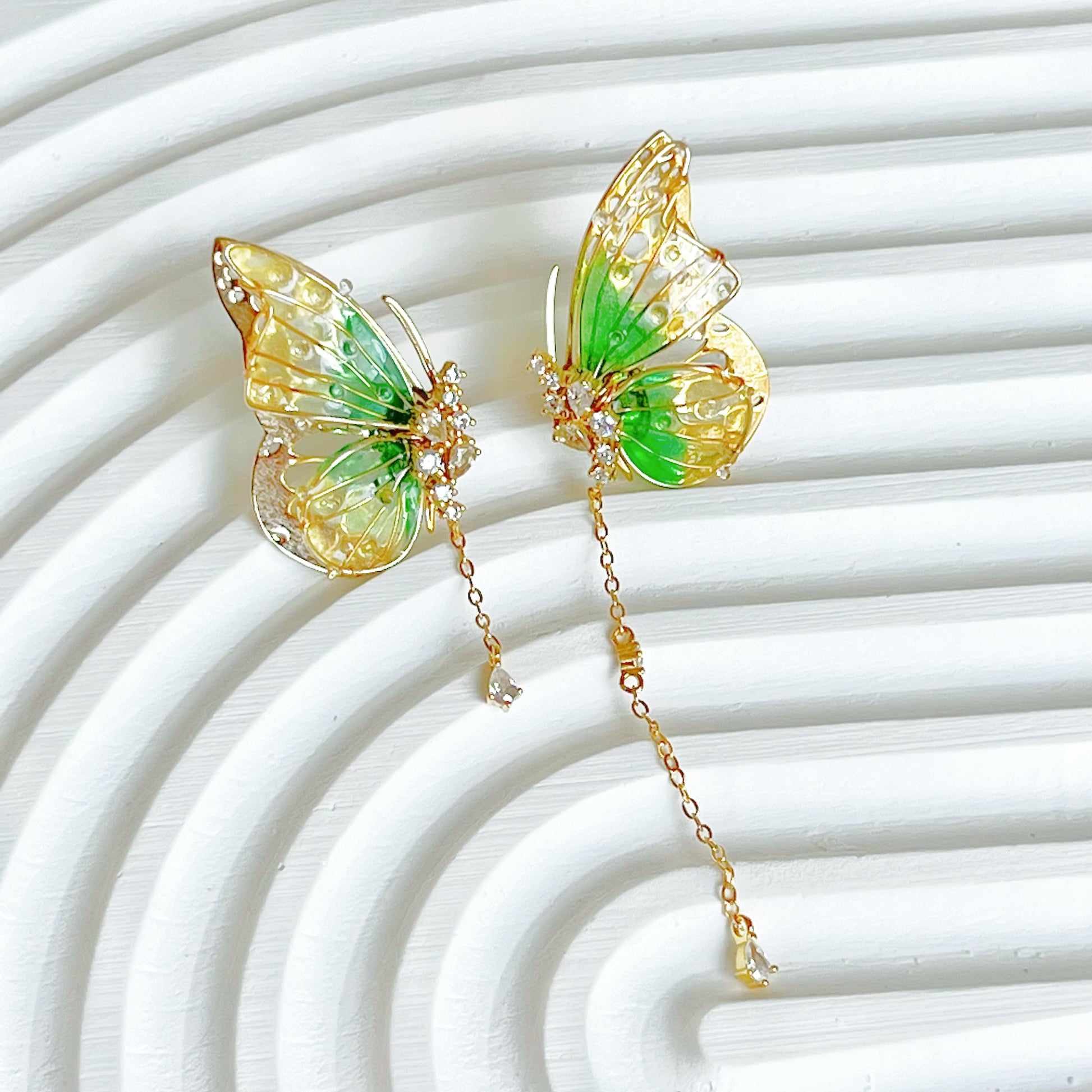 Handmade Yellow Green Butterflies with Drops Earrings-Ninaouity