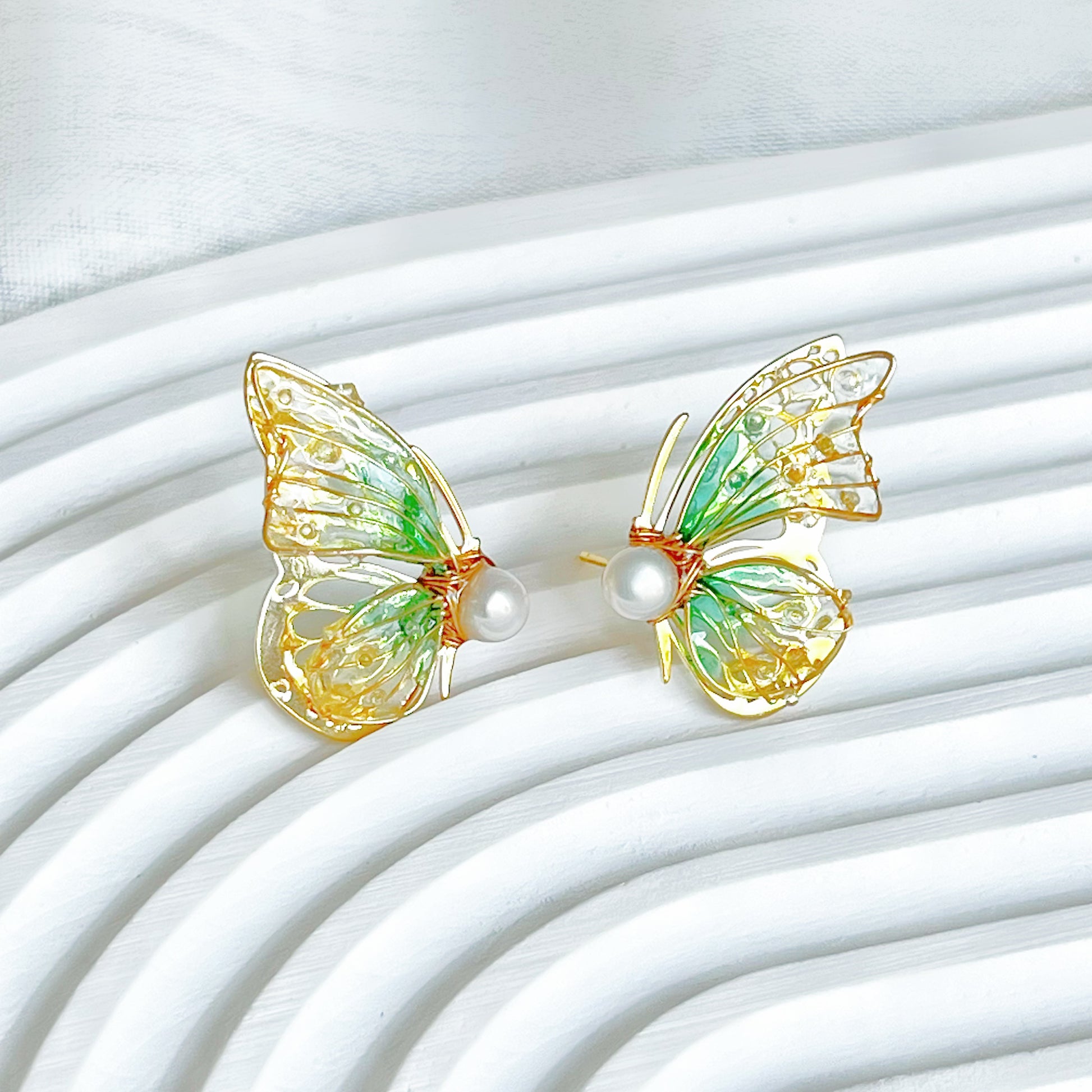 Handmade Yellow Green Butterflies Earrings-Ninaouity