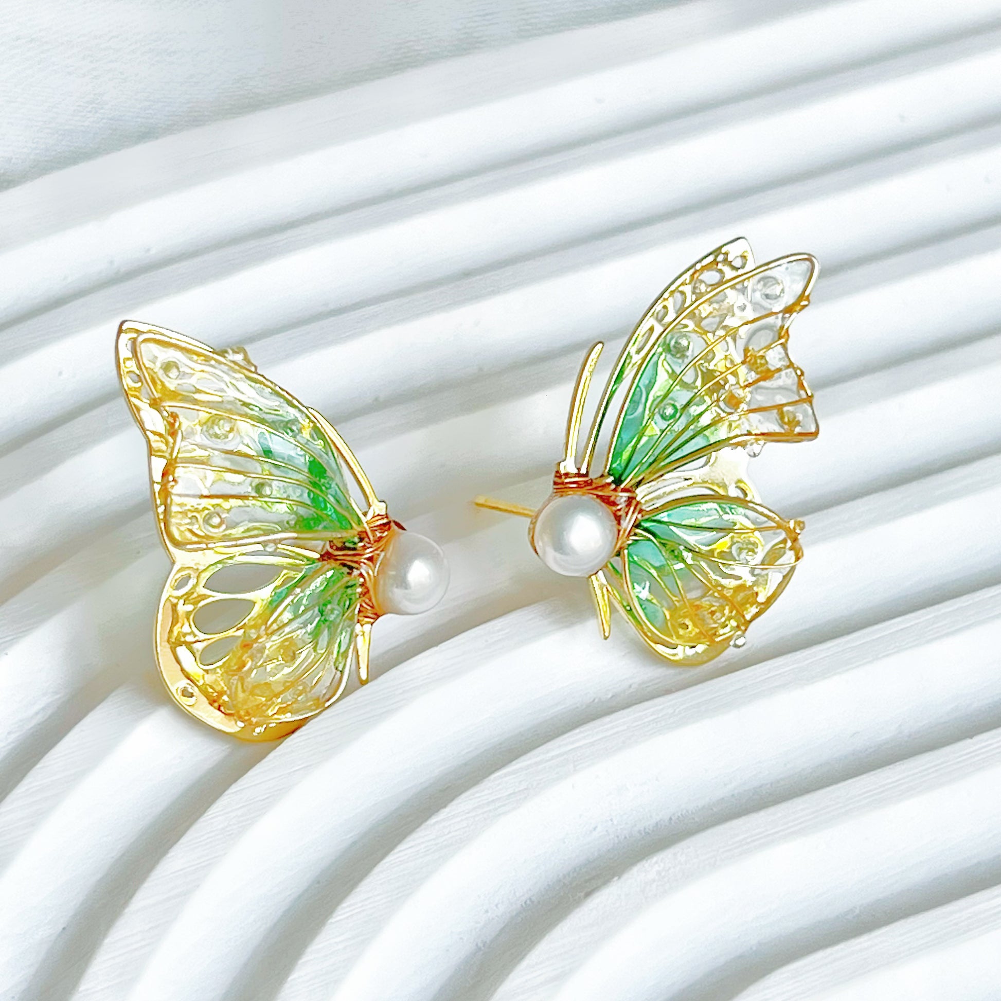 Handmade Yellow Green Butterflies Earrings-Ninaouity