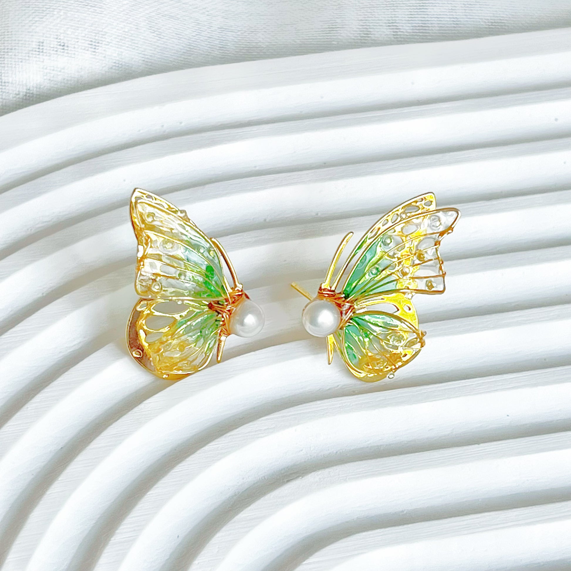Handmade Yellow Green Butterflies Earrings-Ninaouity