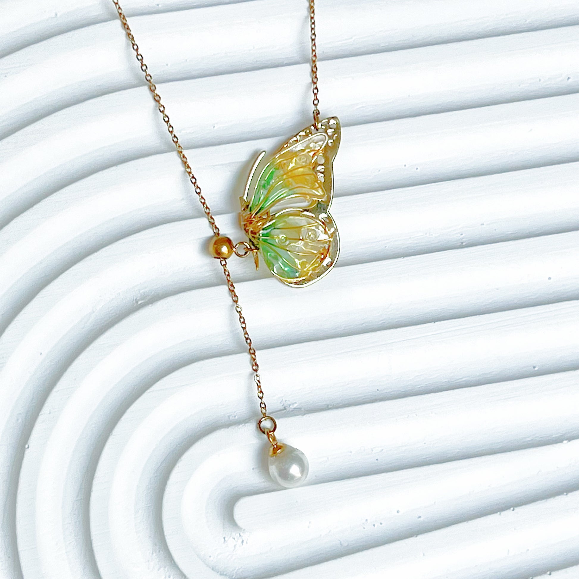 Handmade Yellow Green Butterflies with Pearl Necklace-Ninaouity