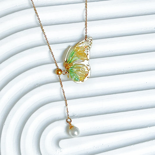 Handmade Yellow Green Butterflies with Pearl Necklace-Ninaouity