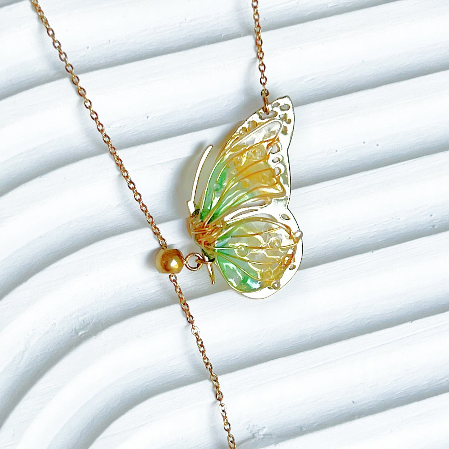Handmade Yellow Green Butterflies with Pearl Necklace-Ninaouity