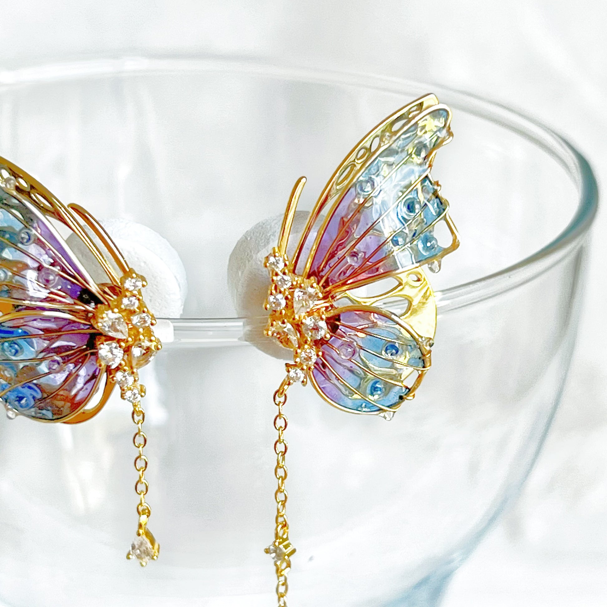 Handmade Blue Purple Butterflies with Drops Earrings-Ninaouity