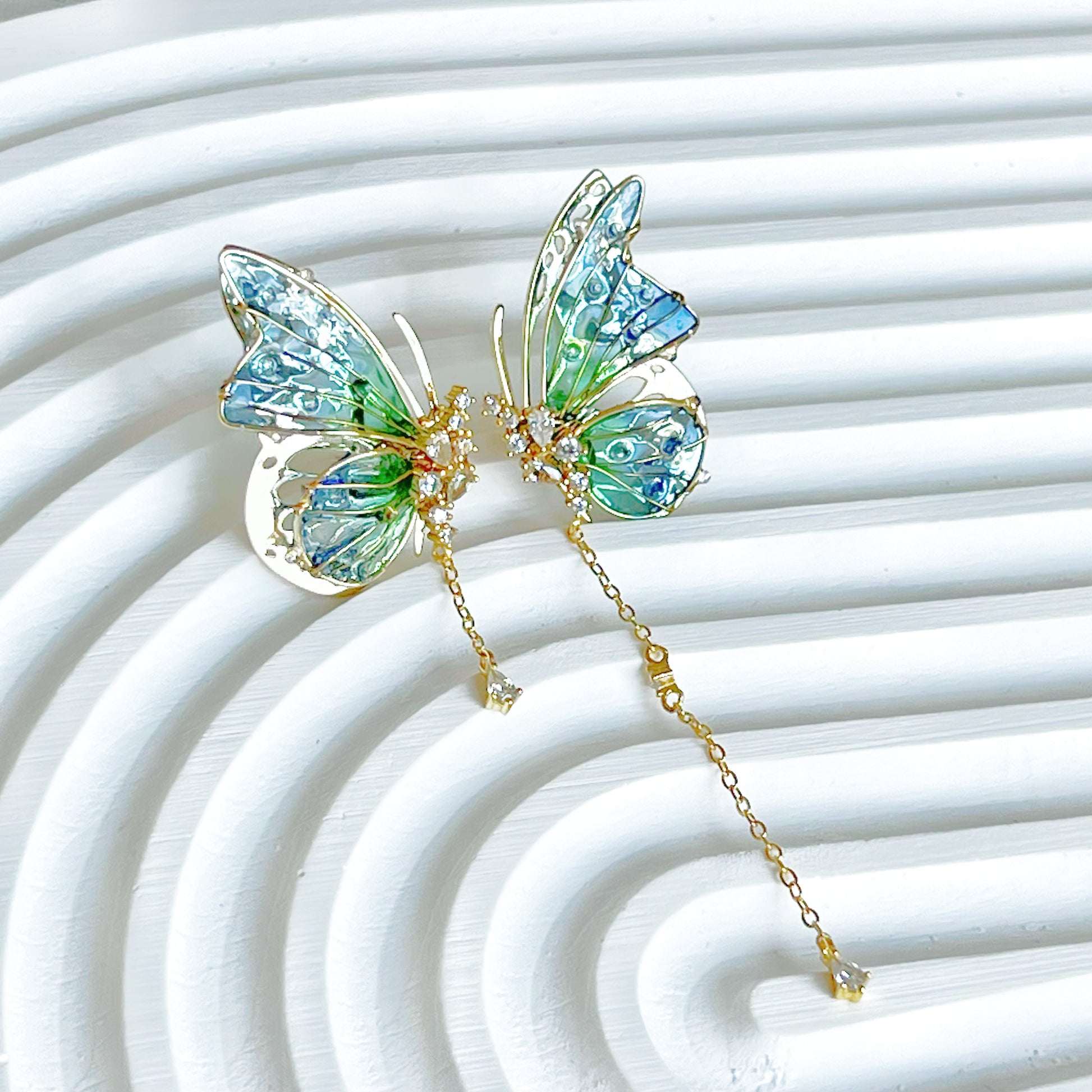 Handmade Blue Green Butterflies with Drops Earrings-Ninaouity