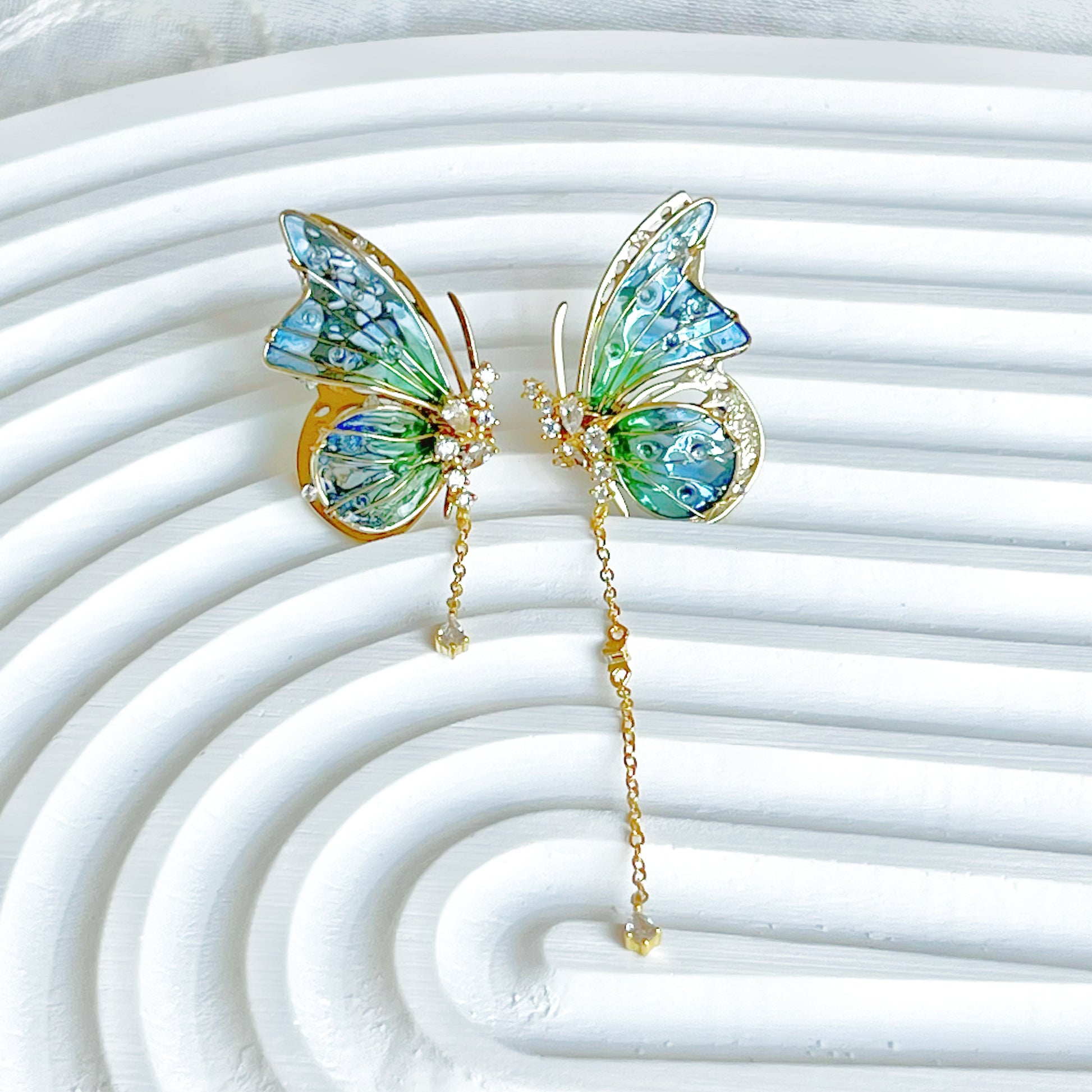 Handmade Blue Green Butterflies with Drops Earrings-Ninaouity