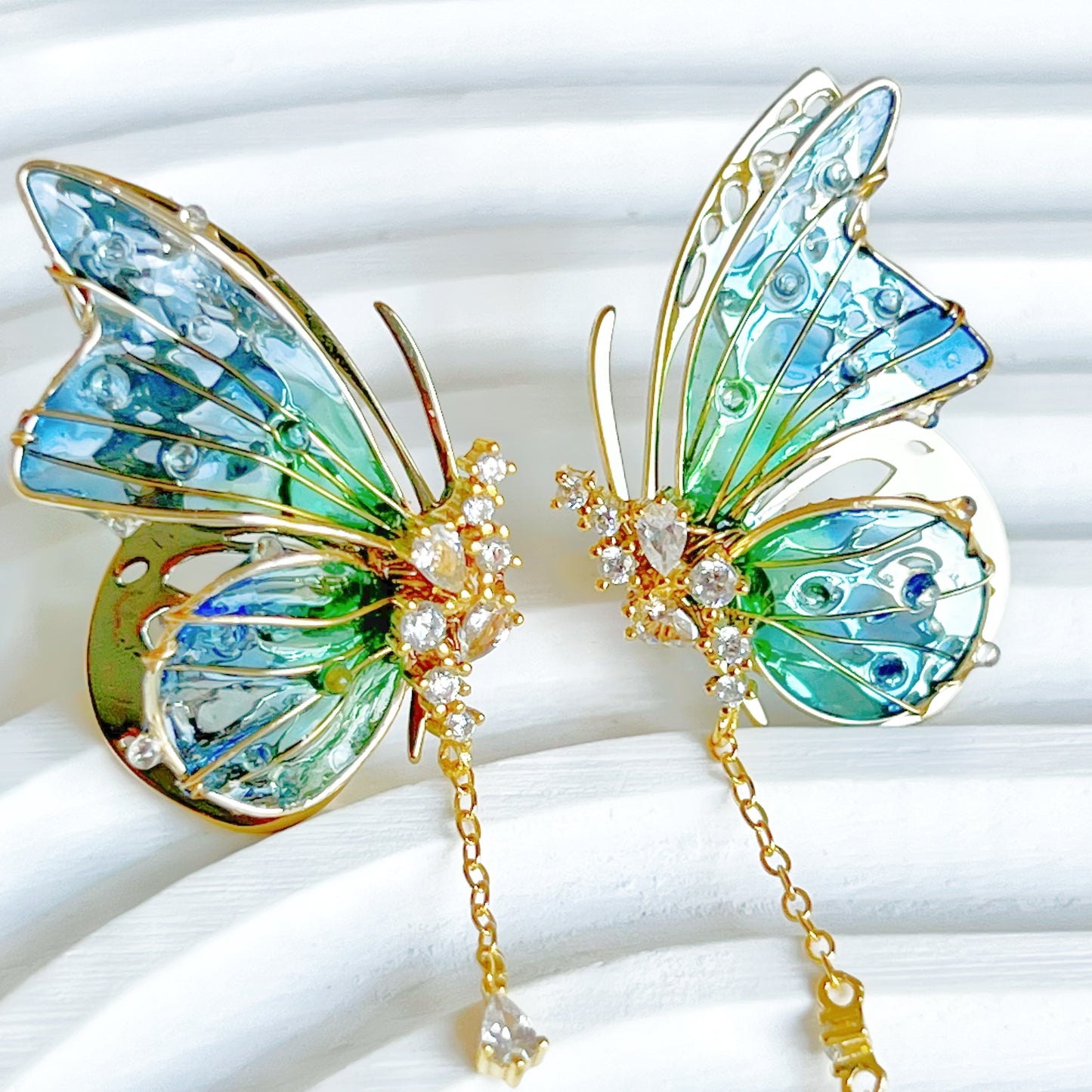 Handmade Blue Green Butterflies with Drops Earrings-Ninaouity