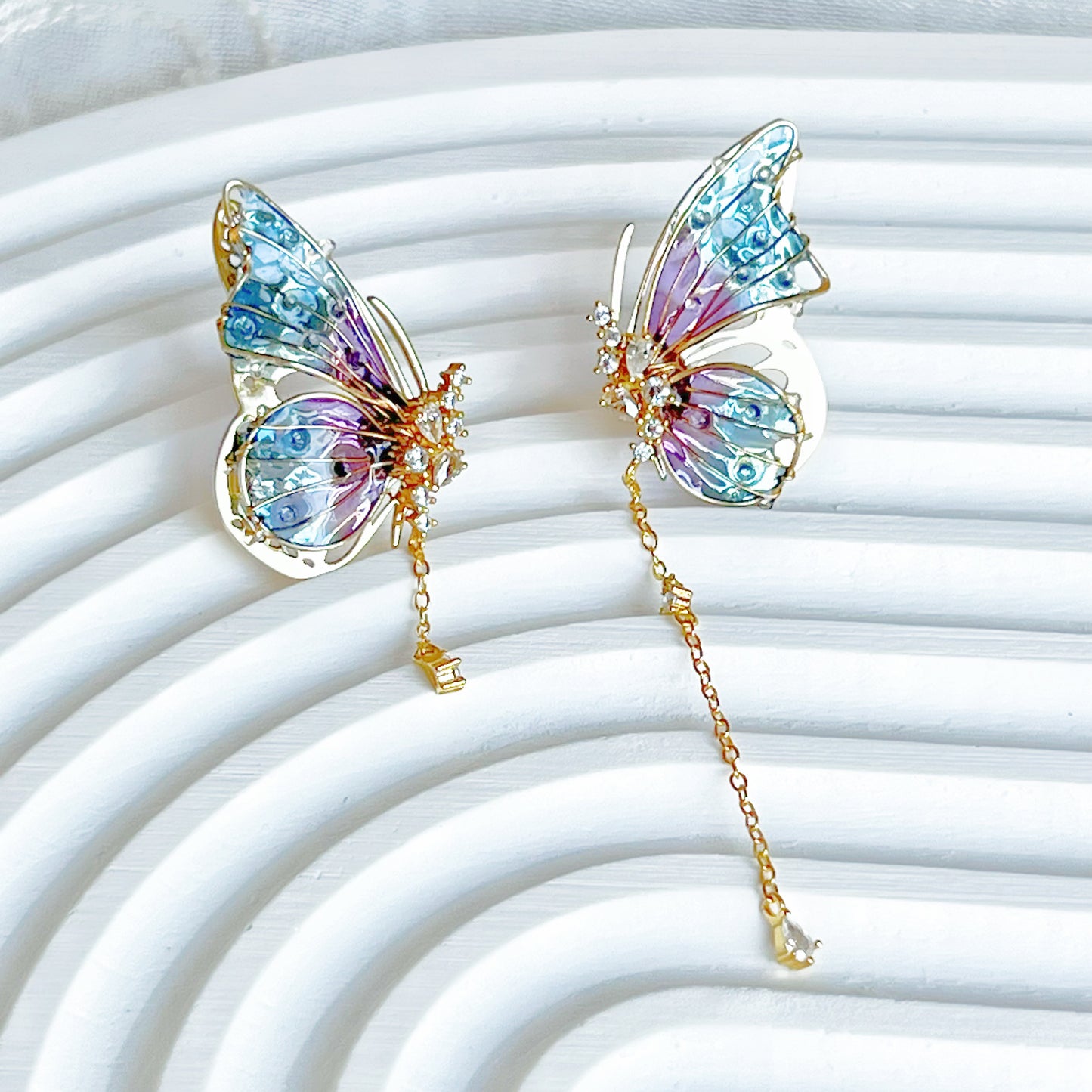 Handmade Blue Purple Butterflies with Drops Earrings-Ninaouity
