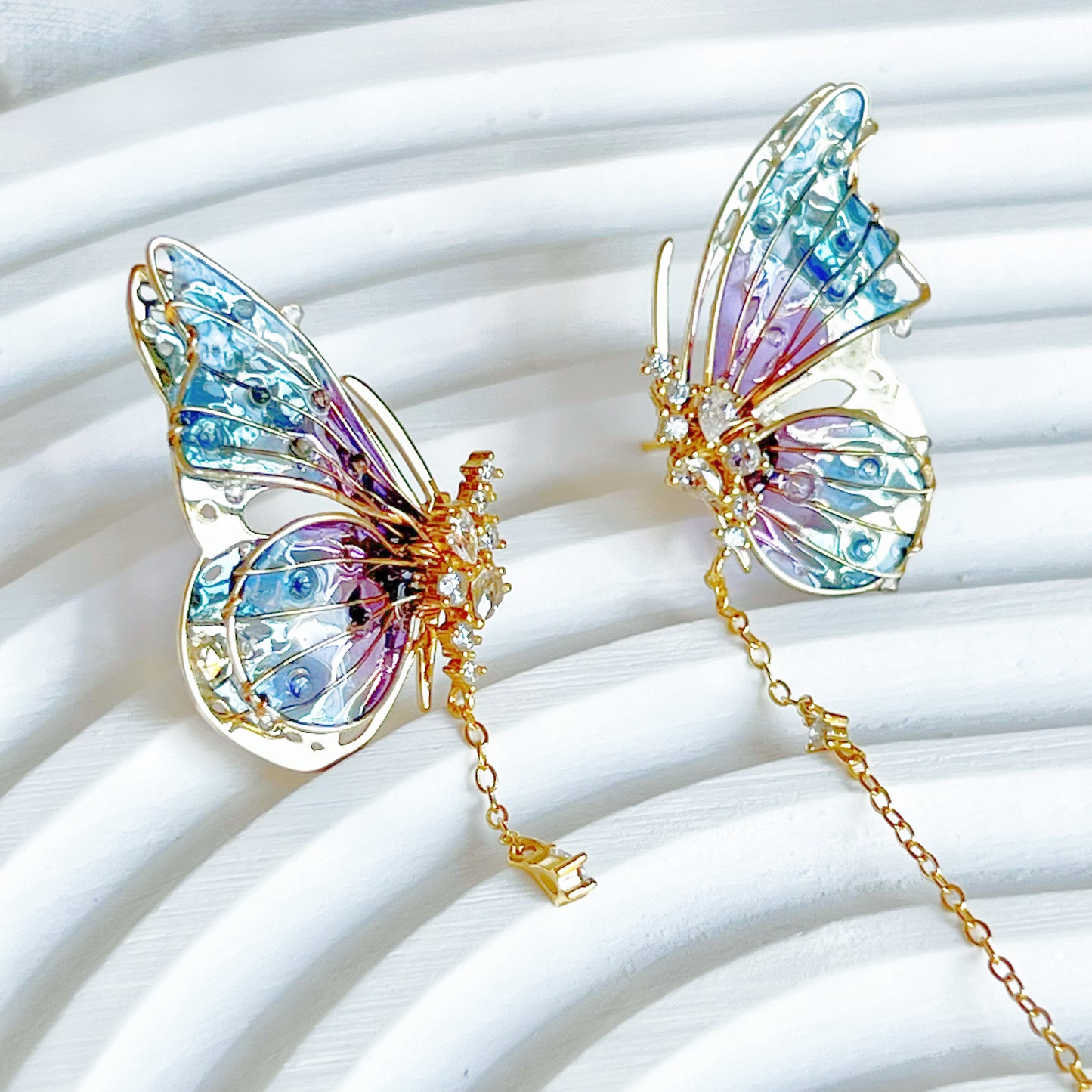 Handmade Blue Purple Butterflies with Drops Earrings-Ninaouity