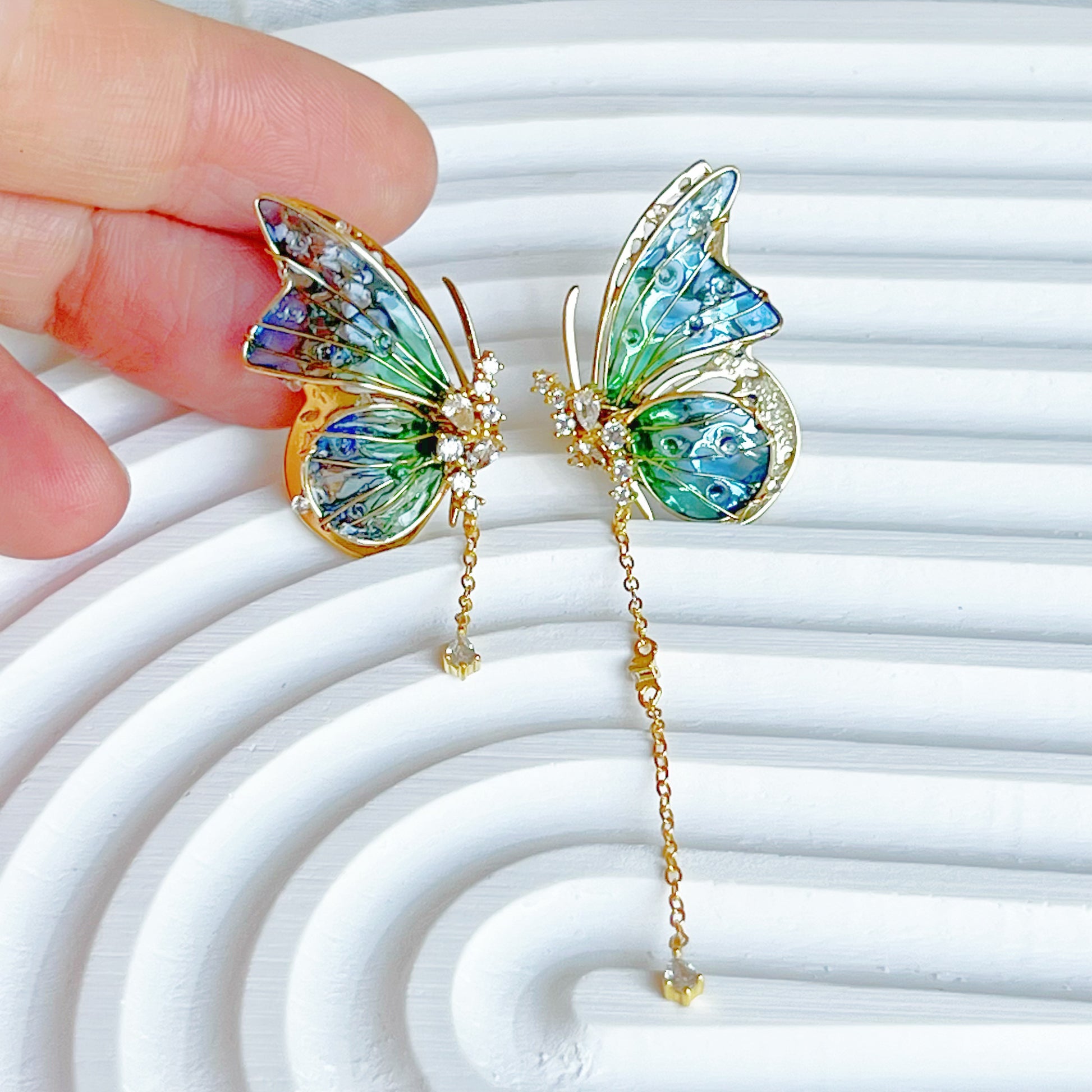 Handmade Blue Green Butterflies with Drops Earrings-Ninaouity