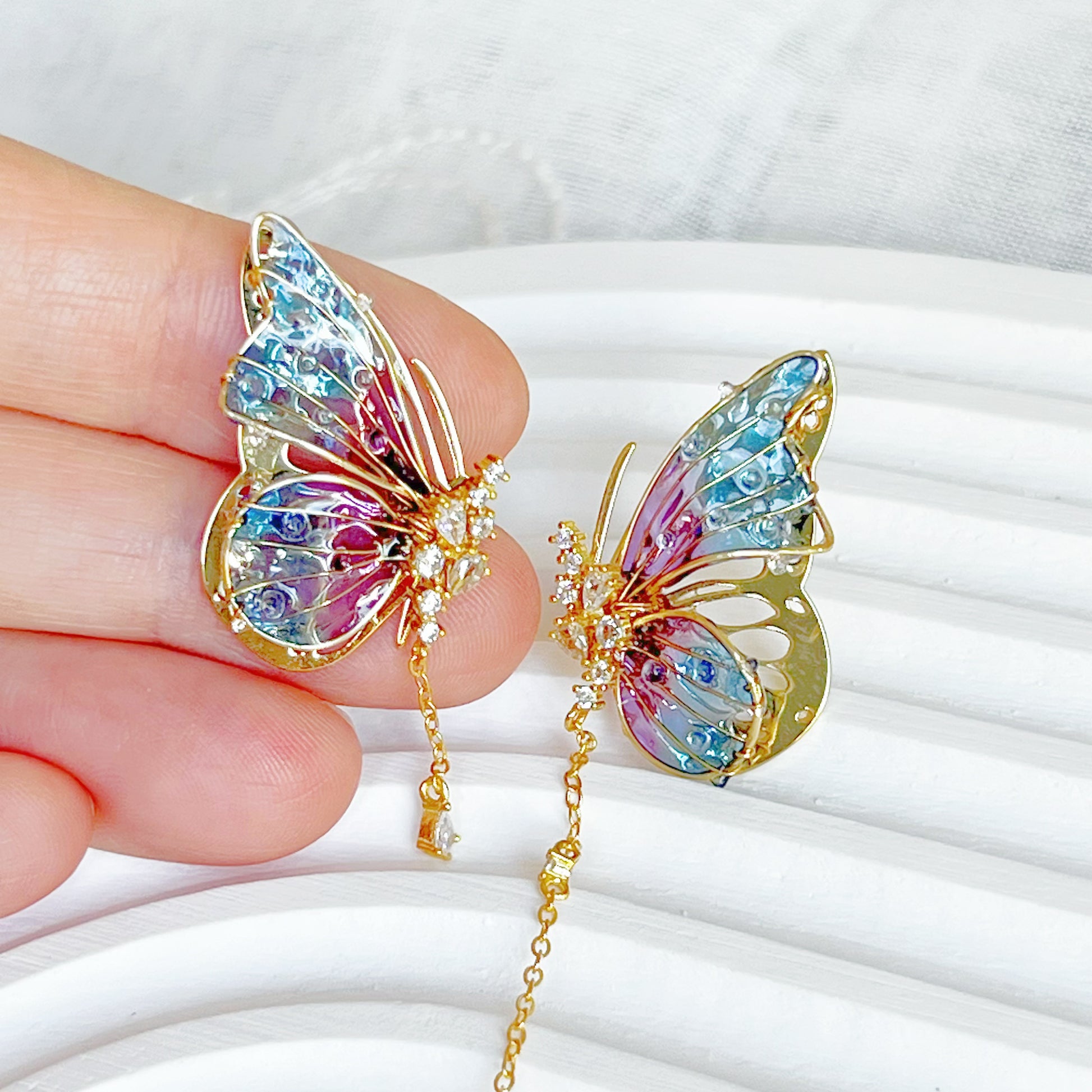 Handmade Blue Purple Butterflies with Drops Earrings-Ninaouity