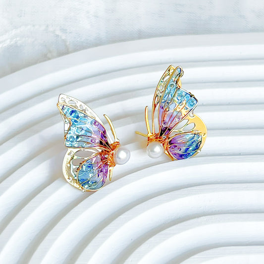 Handmade Blue Purple Butterflies Earrings-Ninaouity