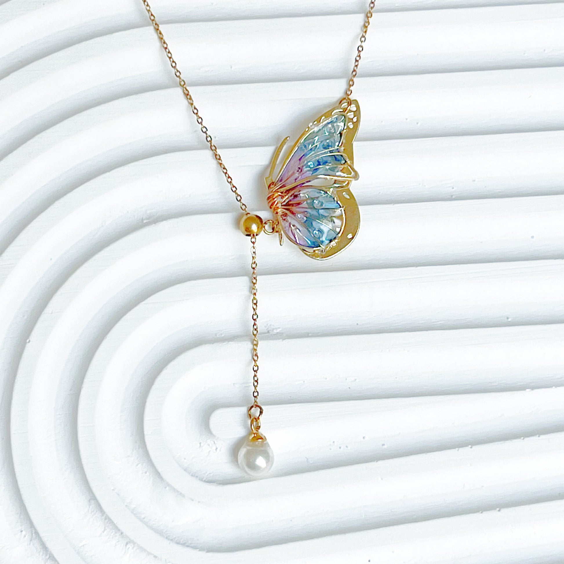 Handmade Blue Purple Butterflies with Pearl Necklace-Ninaouity