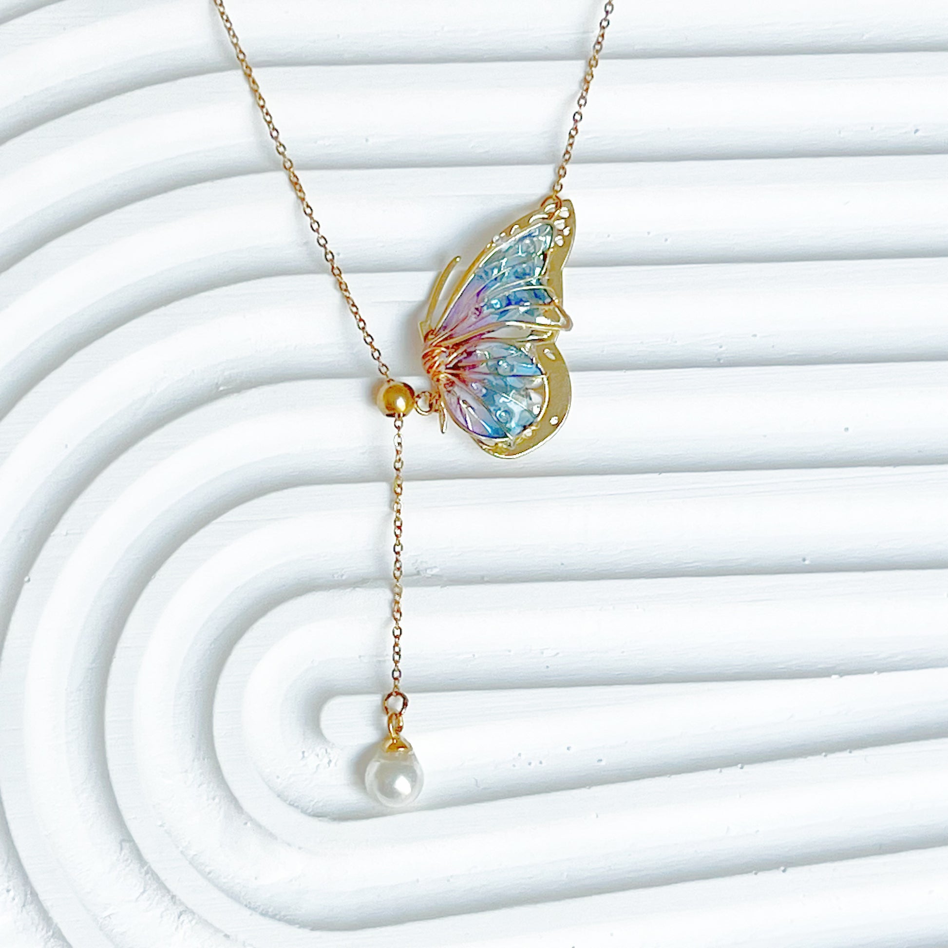Handmade Blue Purple Butterflies with Pearl Necklace-Ninaouity