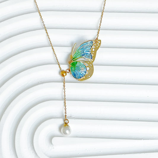 Handmade Blue Green Butterflies with Pearl Necklace-Ninaouity