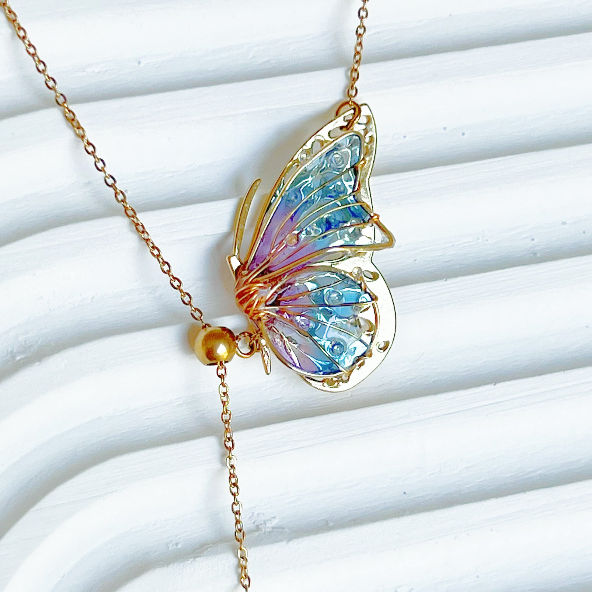 Handmade Blue Purple Butterflies with Pearl Necklace-Ninaouity