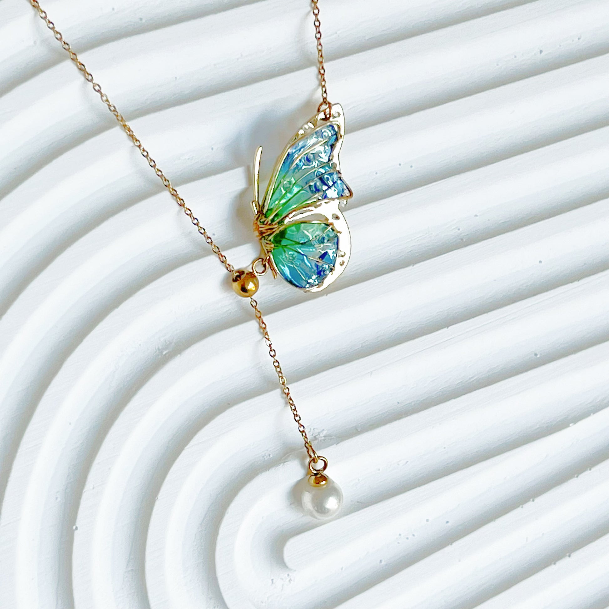 Handmade Blue Green Butterflies with Pearl Necklace-Ninaouity