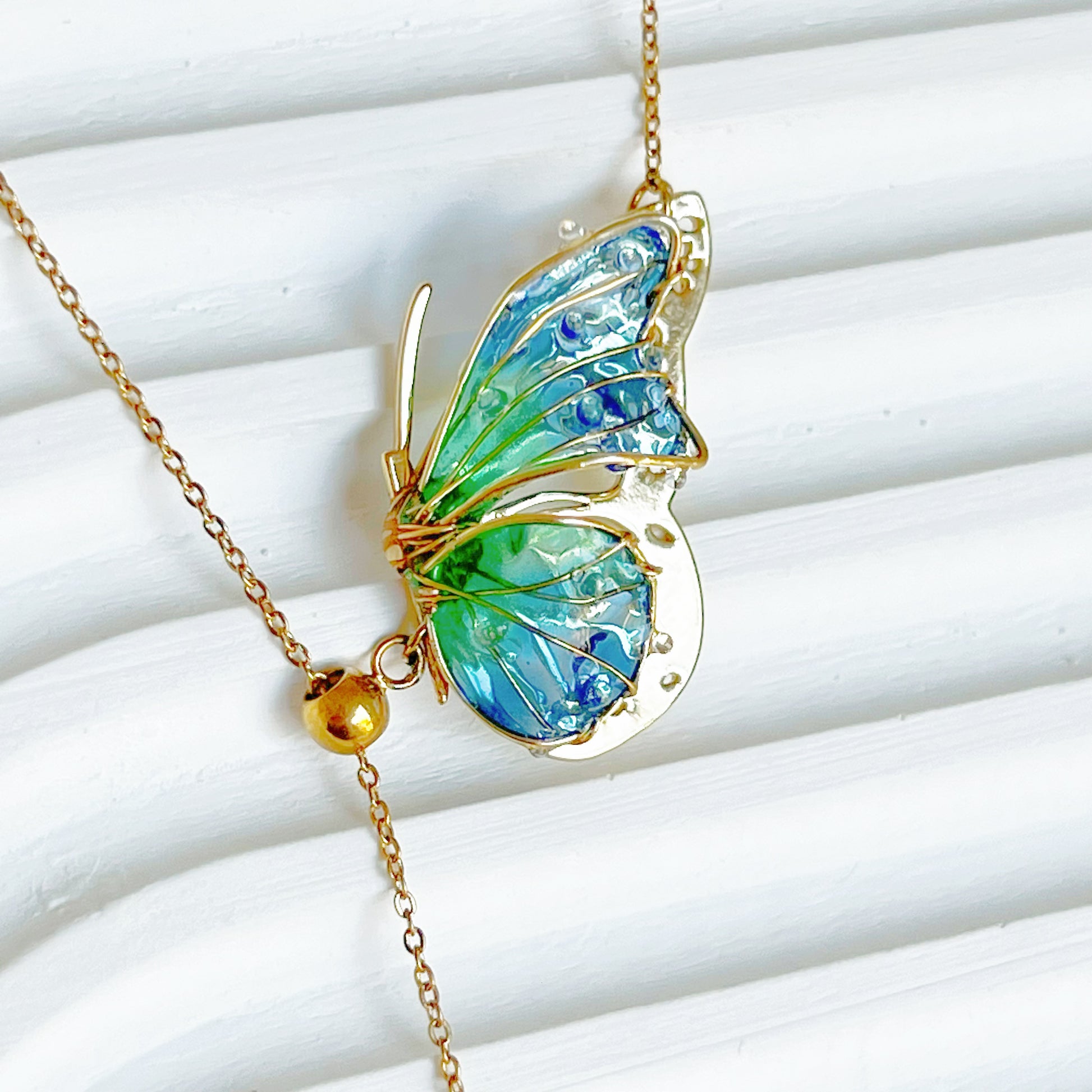 Handmade Blue Green Butterflies with Pearl Necklace-Ninaouity