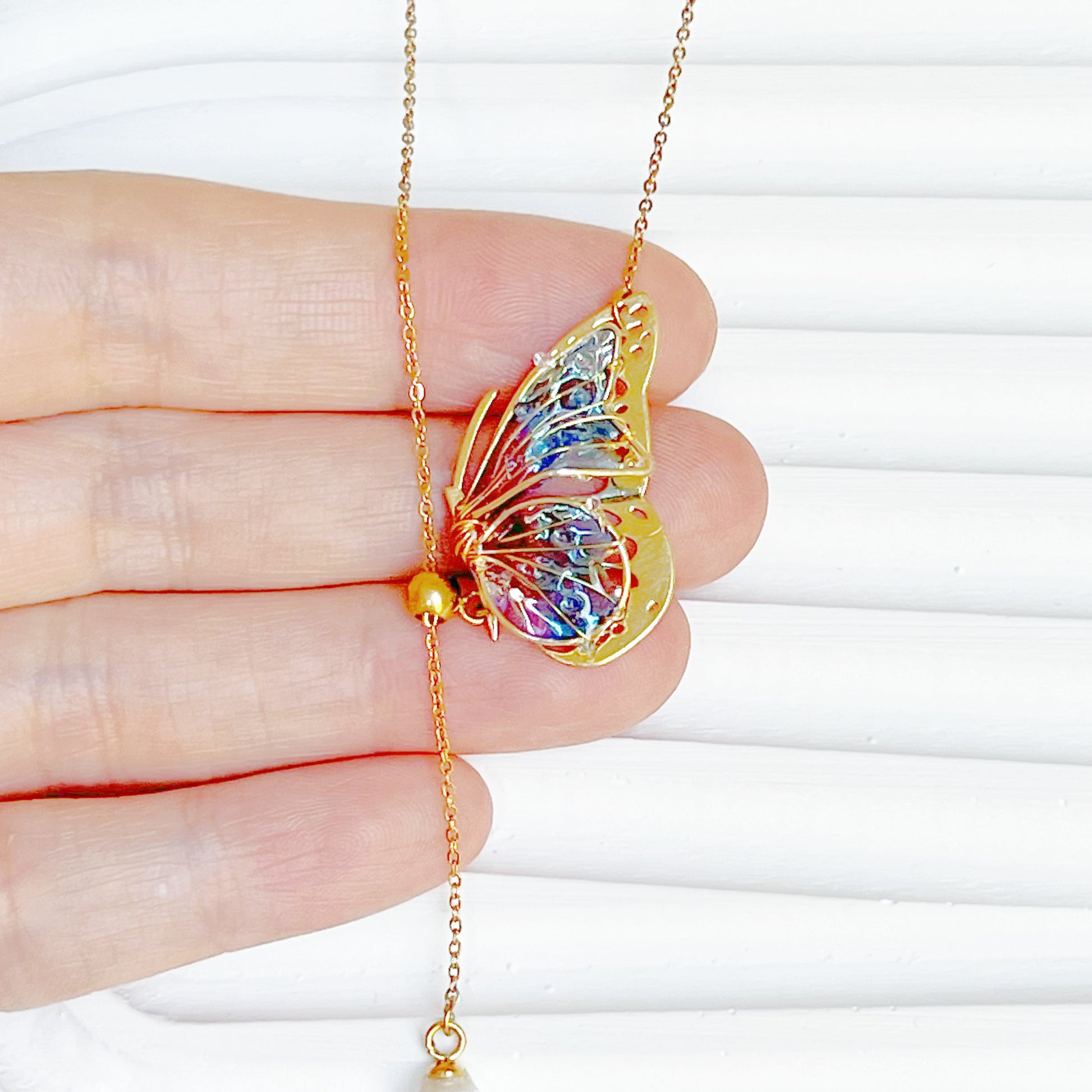 Handmade Blue Purple Butterflies with Pearl Necklace-Ninaouity