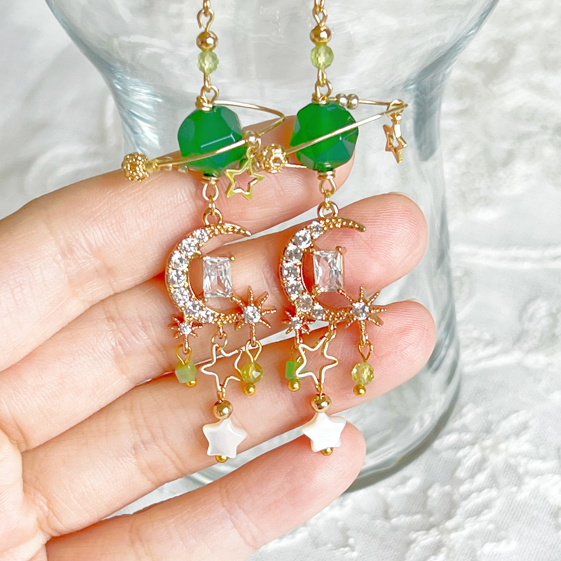 Green Agate Nature Stone Planet Stars Earrings-Ninaouity