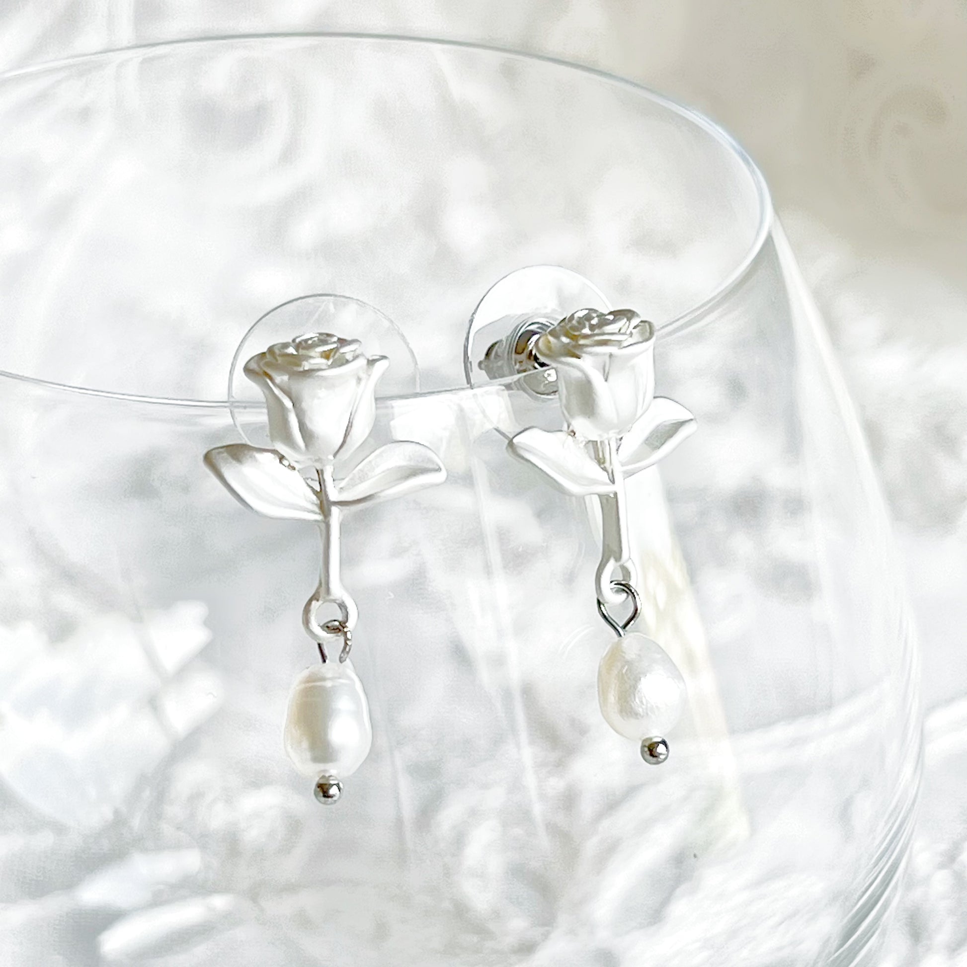 Silver Rose with Pearl Earrings-Ninaouity