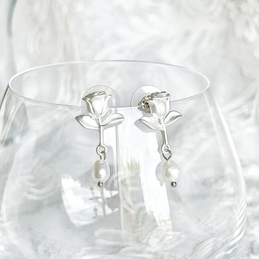 Silver Rose with Pearl Earrings-Ninaouity