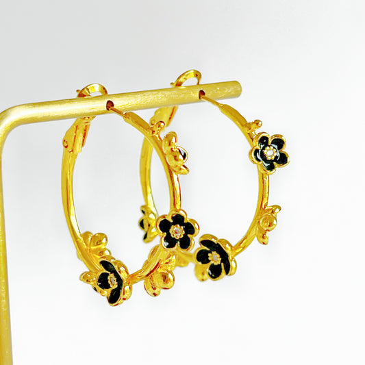 Black Flowers in Gold Hoop Earrings-Ninaouity