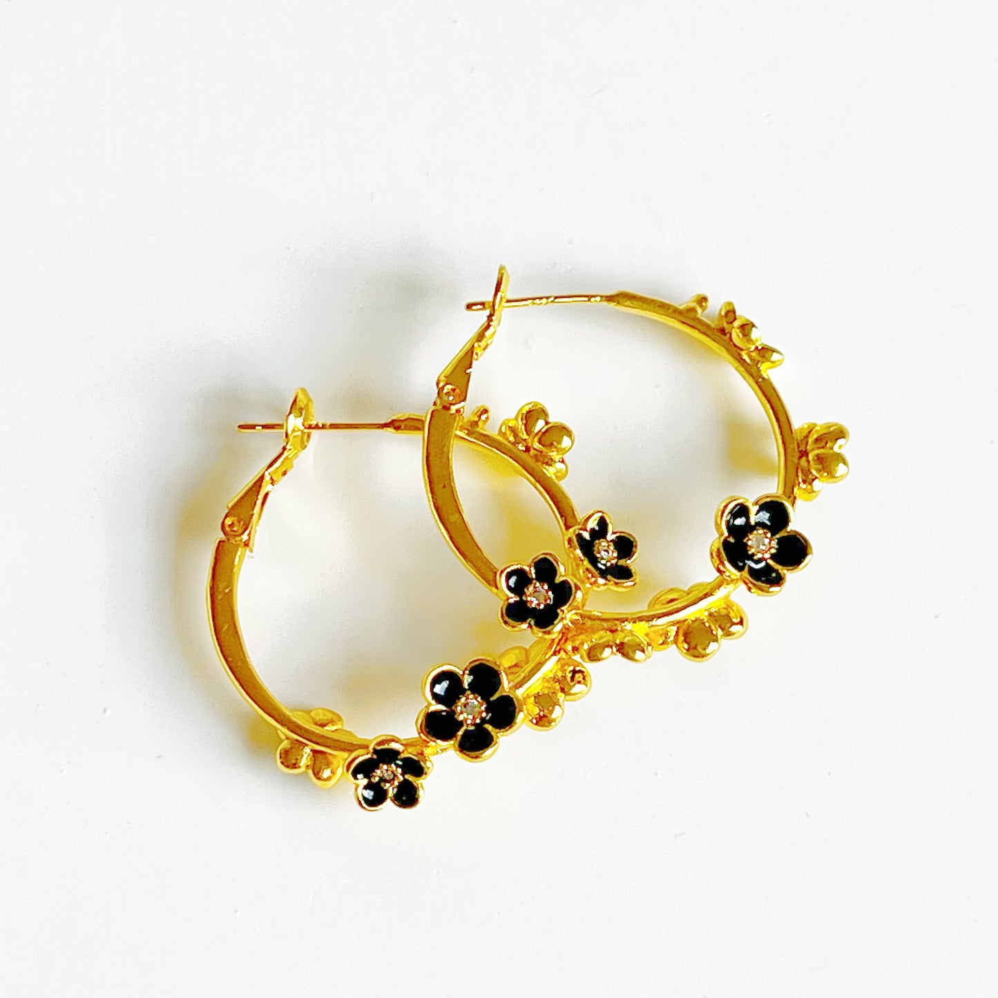 Black Flowers in Gold Hoop Earrings-Ninaouity
