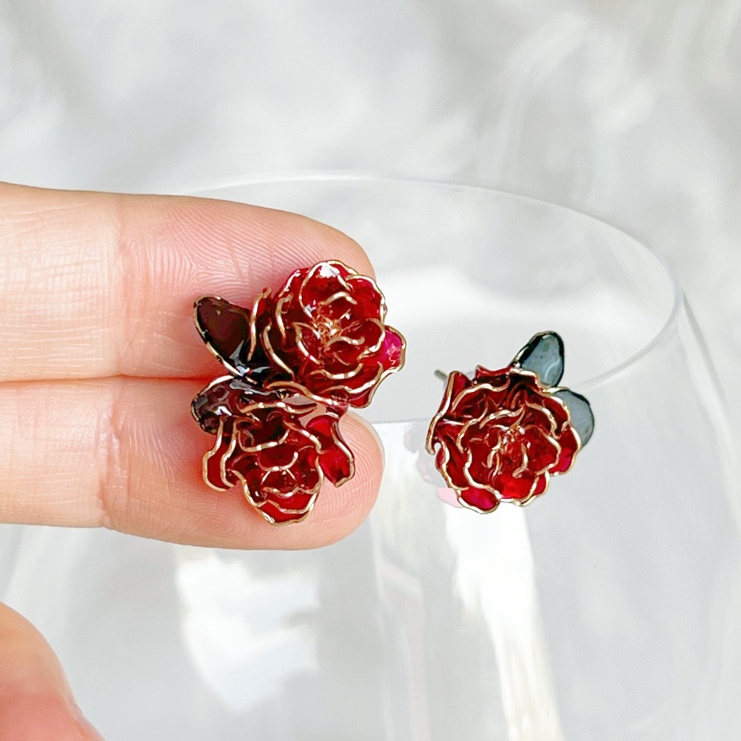 Handmade Red Rose Flowers Mismatch Earrings-Ninaouity