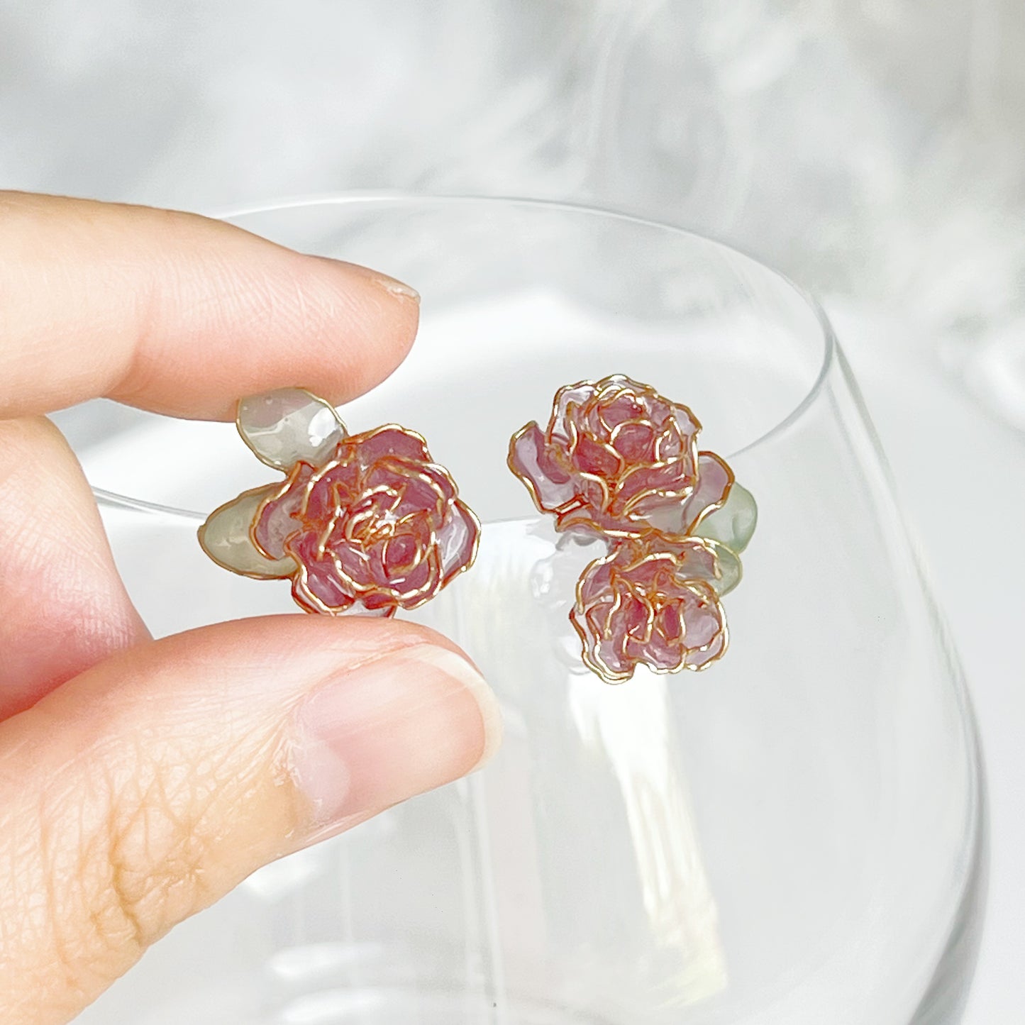 Handmade Purple Rose Flowers Mismatch Earrings-Ninaouity