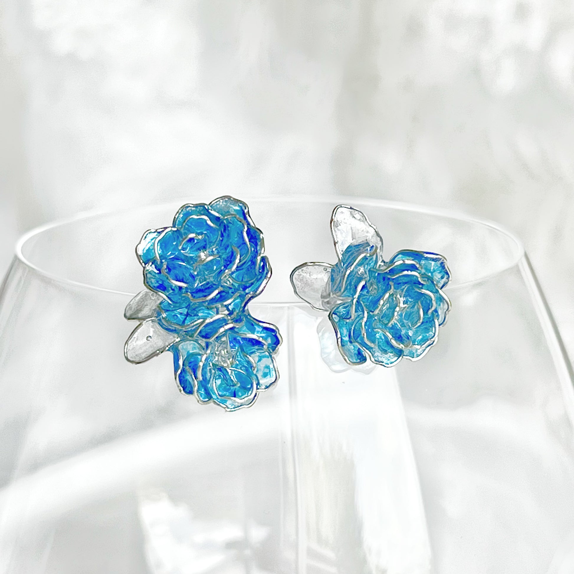Handmade Blue Rose Flowers Mismatch Earrings-Ninaouity