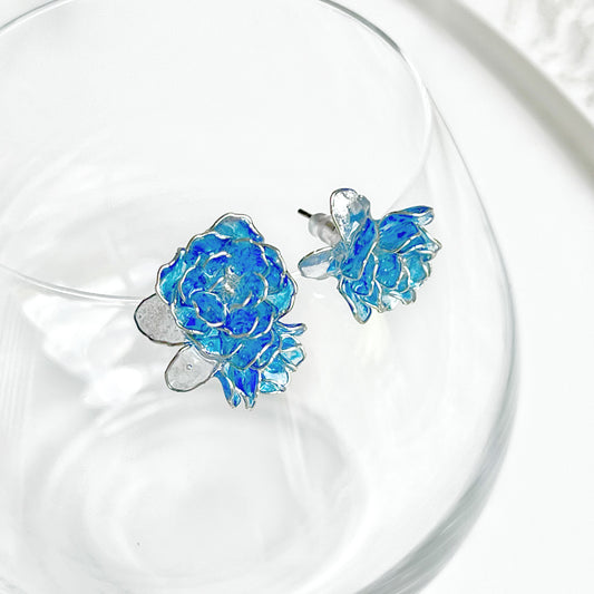 Handmade Blue Rose Flowers Mismatch Earrings-Ninaouity