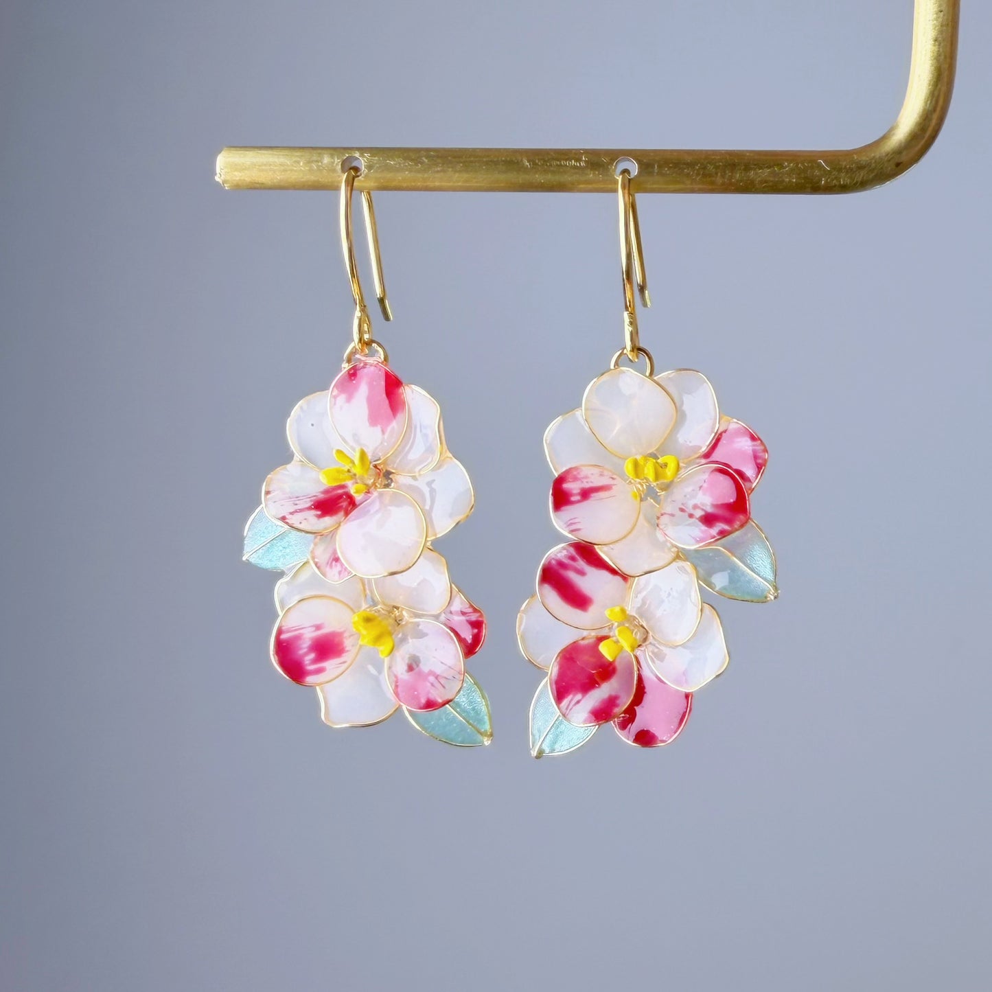 Handmade Two Tone Red and White Camellia Flowers Drop Earrings