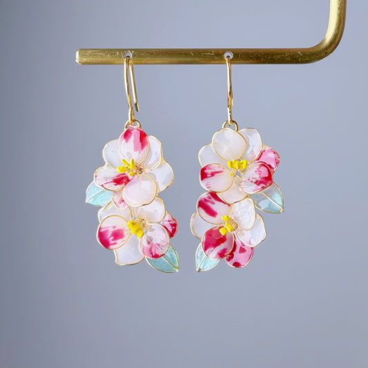 Handmade Two Tone Red and White Camellia Flowers Drop Earrings