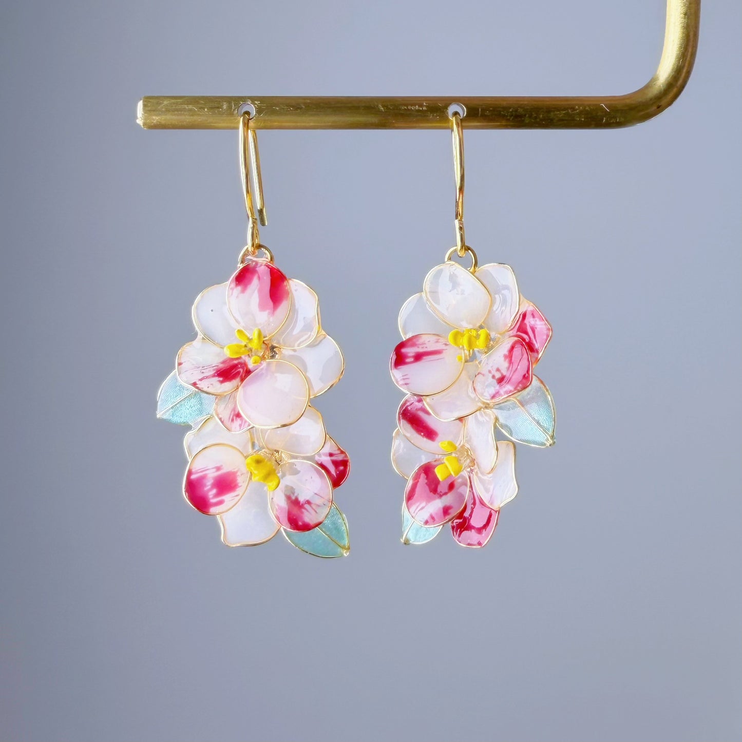 Handmade Two Tone Red and White Camellia Flowers Drop Earrings