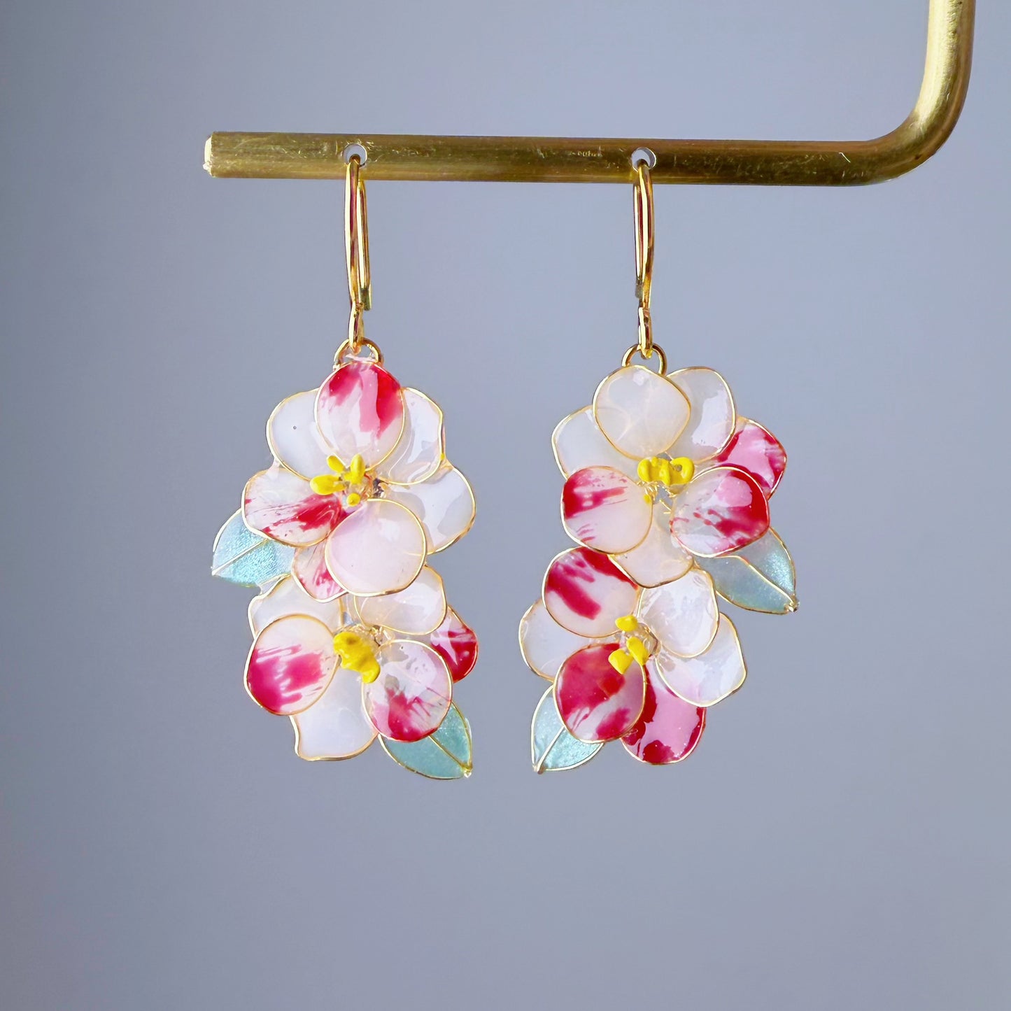 Handmade Two Tone Red and White Camellia Flowers Drop Earrings