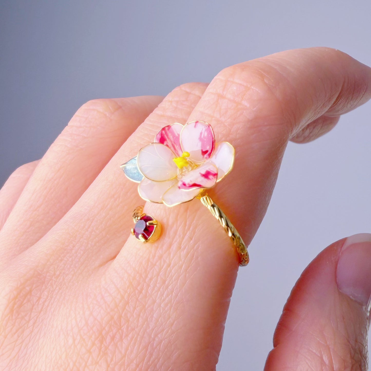 Handmade Two Tone Red and White Camellia Flower Ring