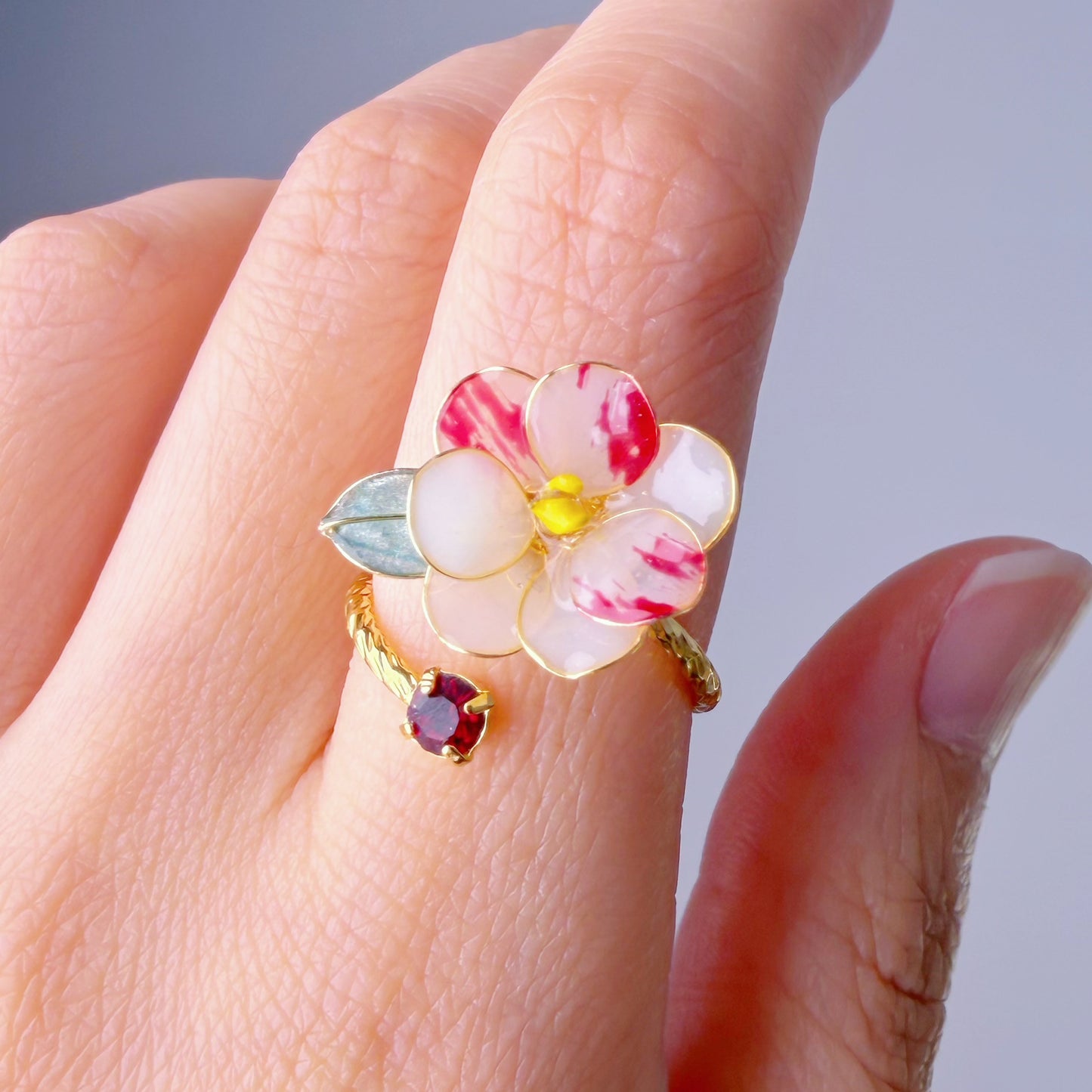 Handmade Two Tone Red and White Camellia Flower Ring