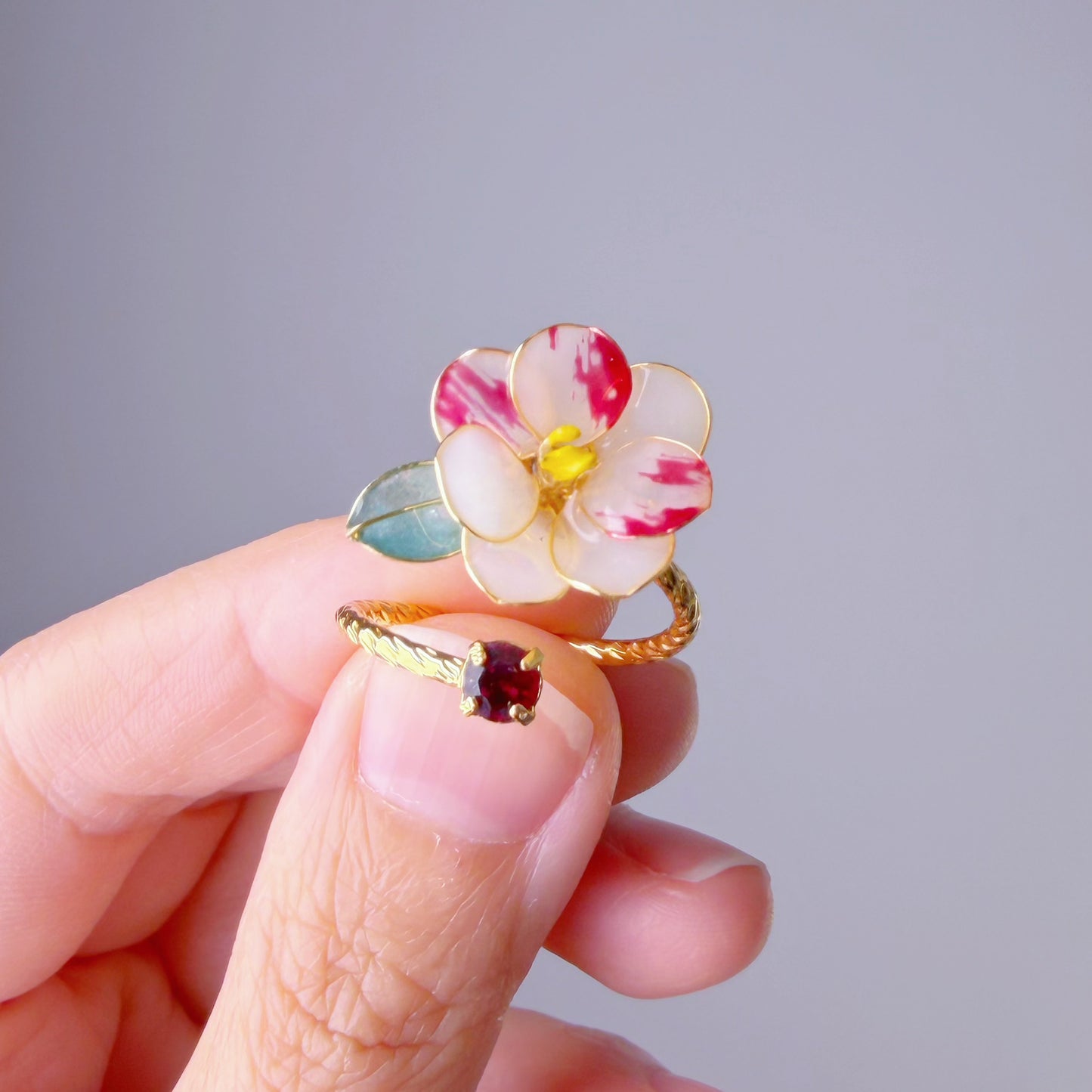 Handmade Two Tone Red and White Camellia Flower Ring