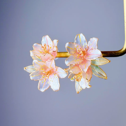 Handmade Pink Oriental Lilies Flowers Stud Earrings