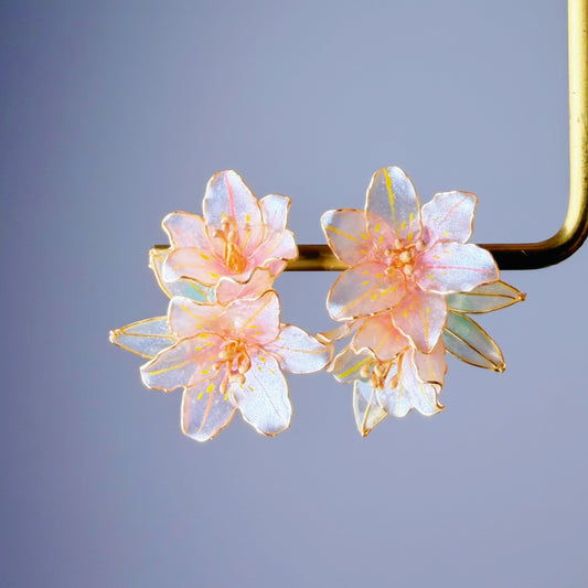 Handmade Pink Oriental Lilies Flowers Stud Earrings