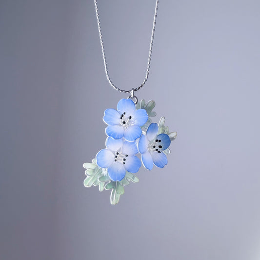 Handmade Baby Blue Eyes Flowers and Leaves Pendant Necklace