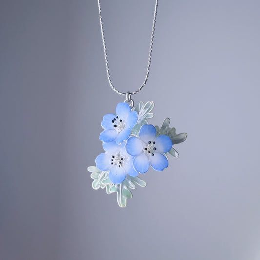 Handmade Baby Blue Eyes Flowers and Leaves Pendant Necklace