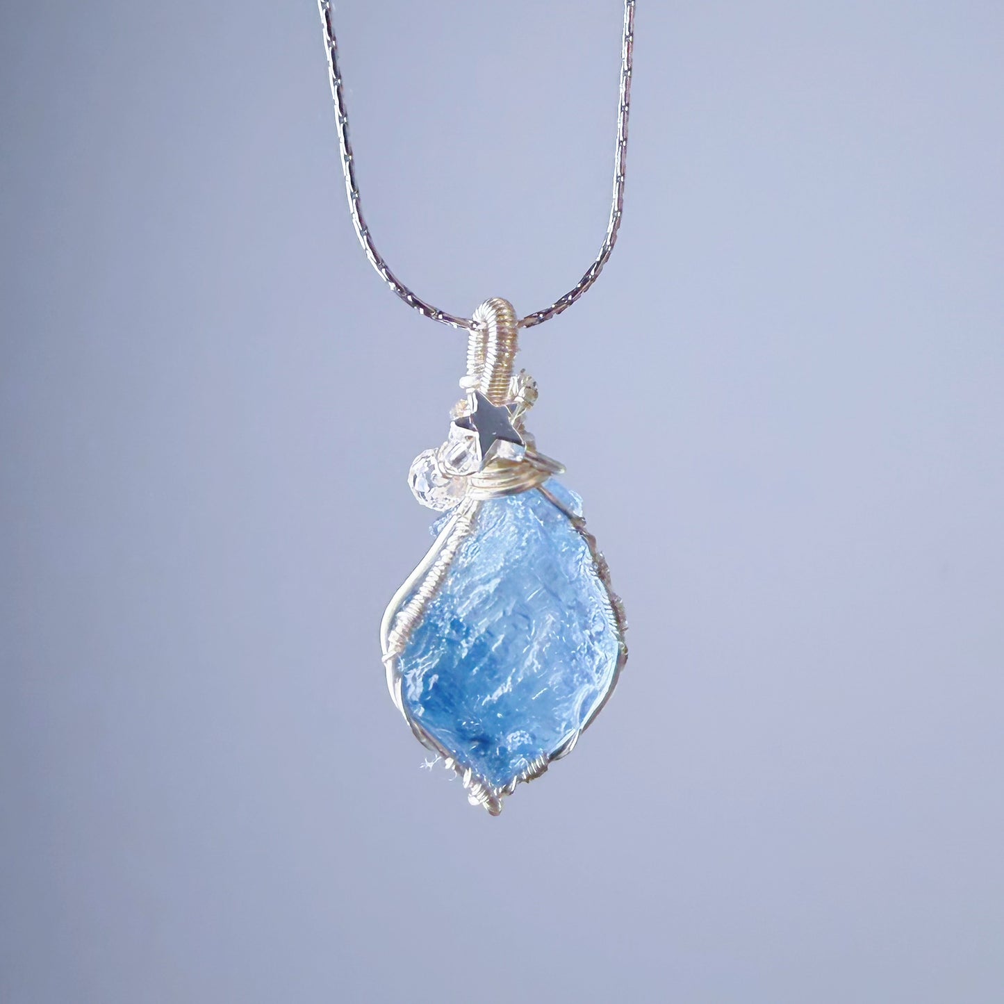 Quartzberry - Natural Blue Aquamarine Crystal Drop Shape Wire Wrapped Necklace - One-of-a-kind