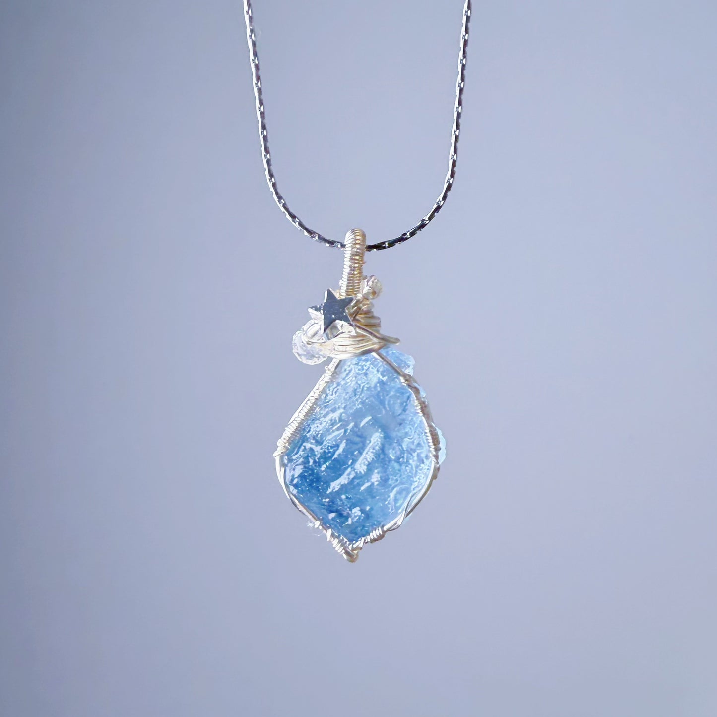 Quartzberry - Natural Blue Aquamarine Crystal Drop Shape Wire Wrapped Necklace - One-of-a-kind