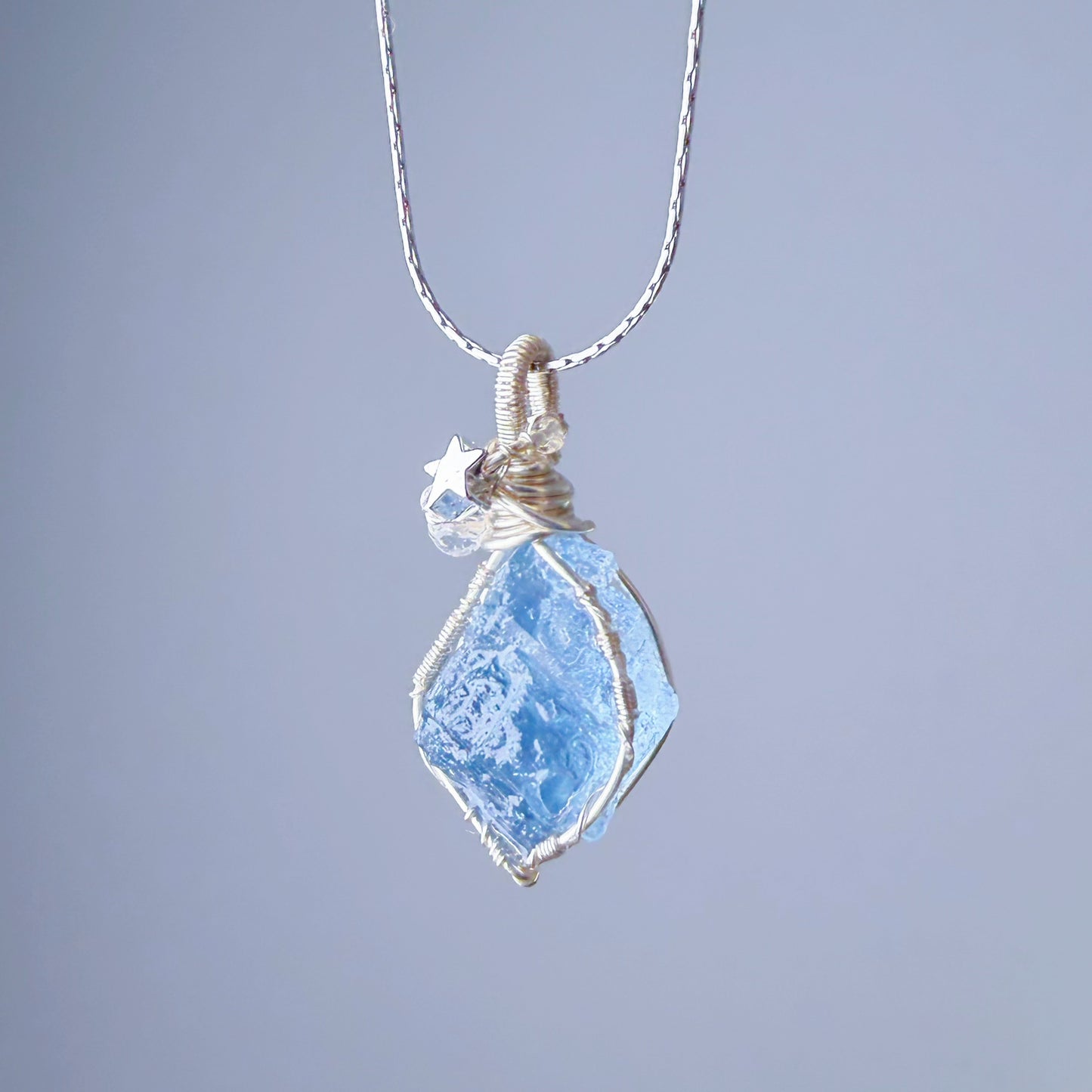 Quartzberry - Natural Blue Aquamarine Crystal Drop Shape Wire Wrapped Necklace - One-of-a-kind
