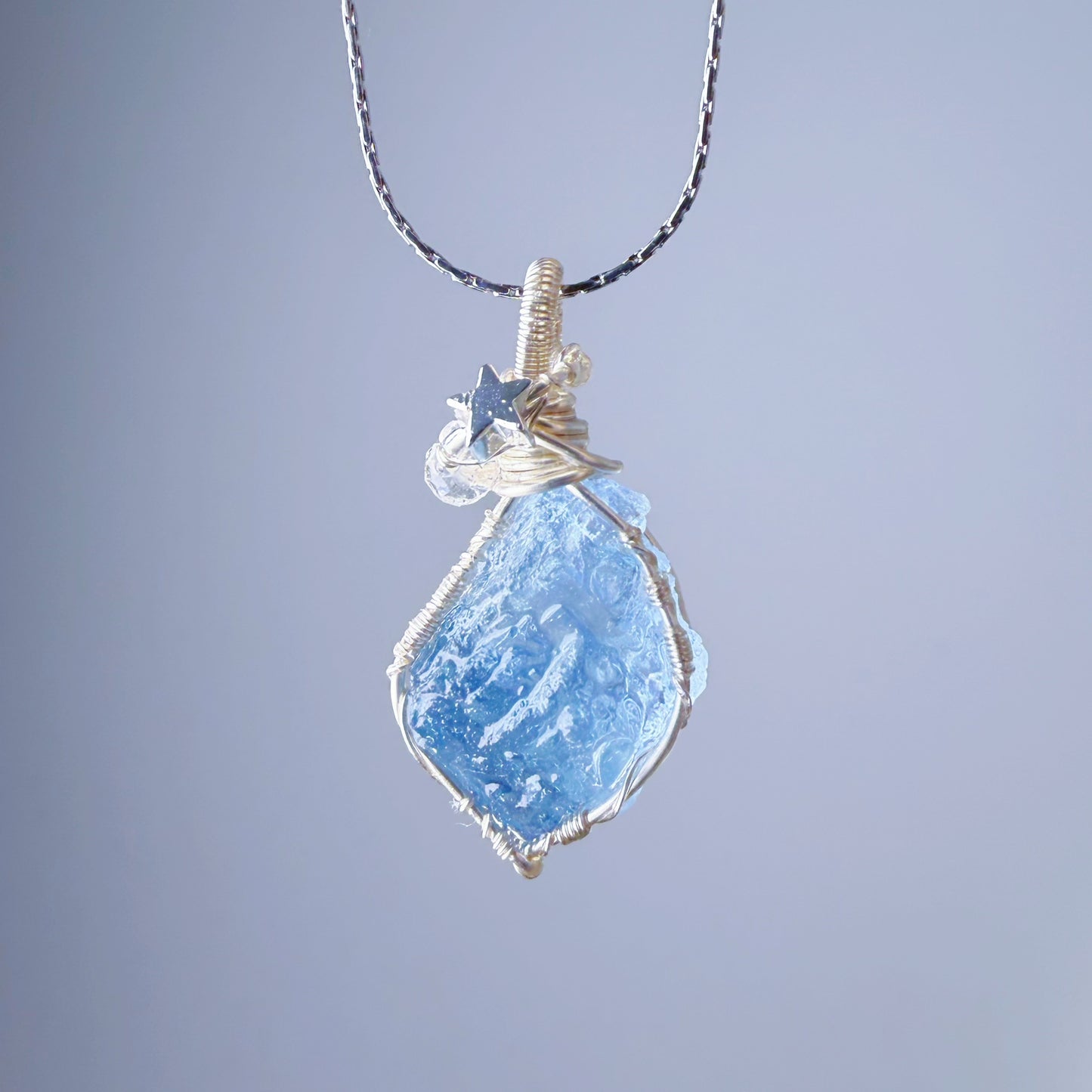 Quartzberry - Natural Blue Aquamarine Crystal Drop Shape Wire Wrapped Necklace - One-of-a-kind